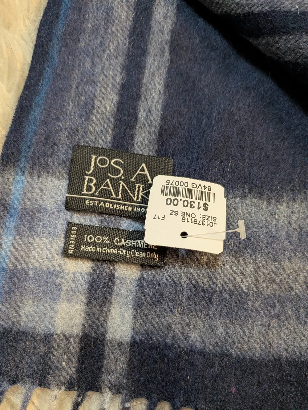 Jos. A. Bank Navy and Gray Plaid Cashmere Scarf